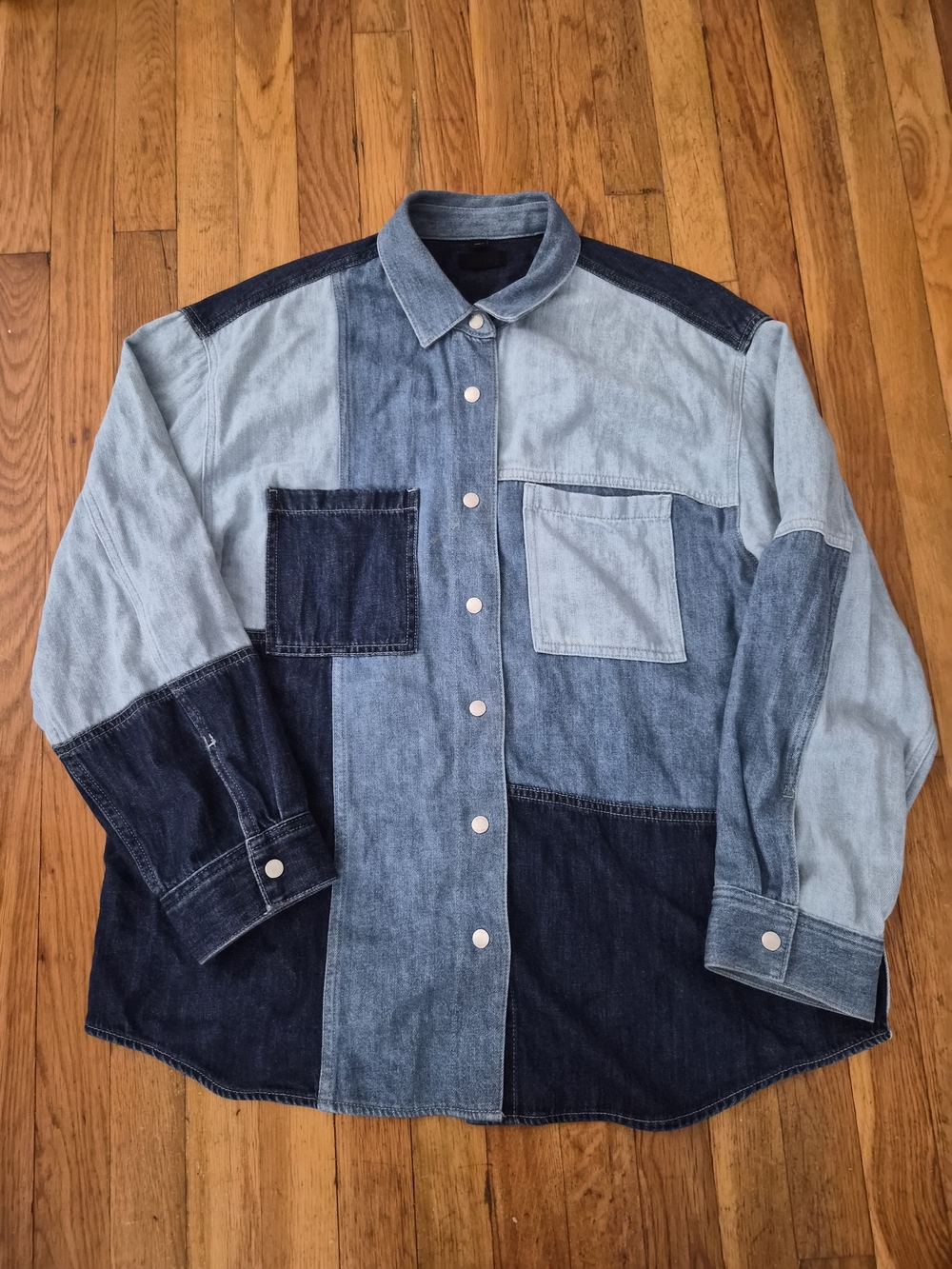 Esprit Patchwork Denim Button-Down Shirt - Light Blue & Dark Blue